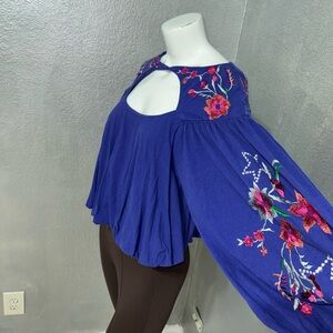 Free People Royal Blue Floral Embroidered Blouse